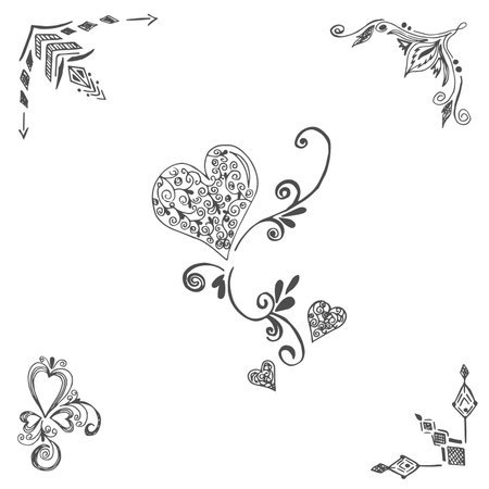 corners, hearts, decor elements, sketch styleのイラスト素材