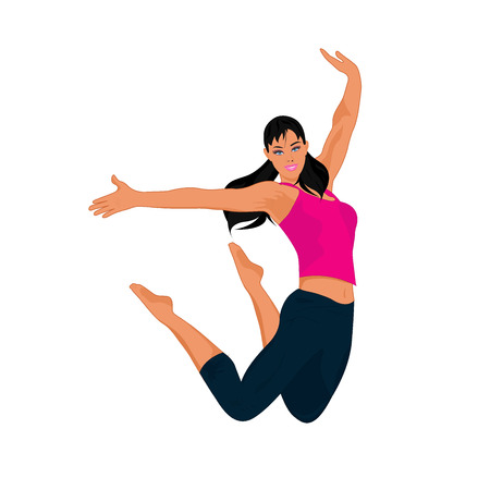 Cute girl jumping with open hands, vector illustration.のイラスト素材
