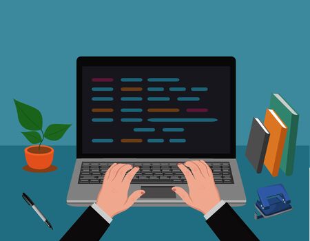 hands typing on laptop, vector illustrationのイラスト素材