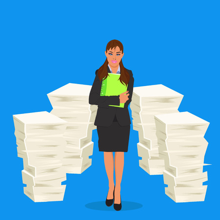 Business lady with stack of paper, vector illustrationのイラスト素材
