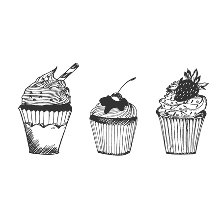 Cupcakes in sketch style, hand drawn vector illustrationのイラスト素材