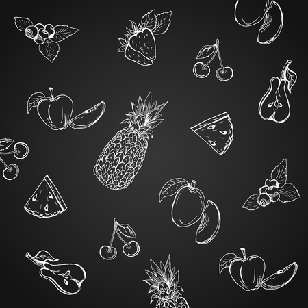 pattern with fruits on black background, hand drawn vector illustrationのイラスト素材