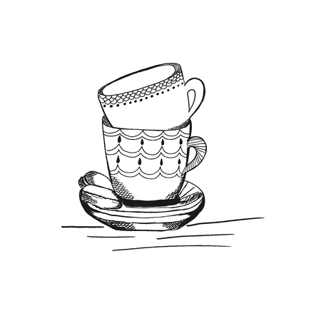 tea cups in sketch style, hand drawn vector illustrationのイラスト素材