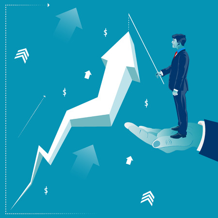 Businessman standing on helping hand and lifting profit arrow concept vector illustrationのイラスト素材