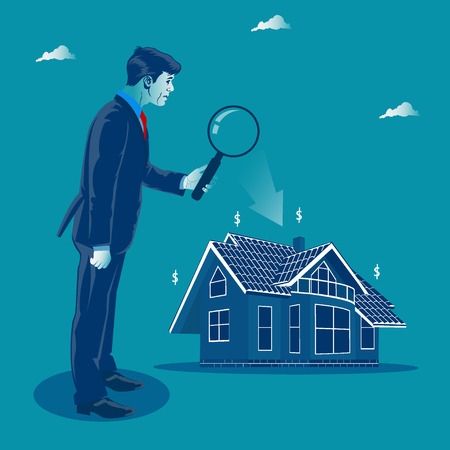 Business investment. Investor looking through the magnify glass to the house. Metaphor, vector illustrationのイラスト素材