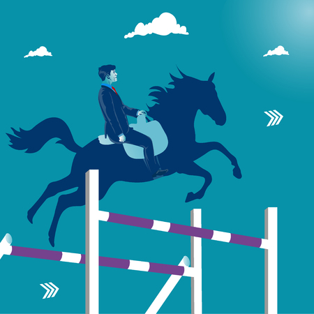 Overcoming business obstacles. Businessman jumping on his horse over obstacles. Business metaphor, vector illustration.のイラスト素材