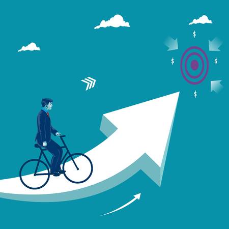 Reaching business target. Businessman riding bike on the rising arrow toward his goal. Business metaphor, vector illustration.のイラスト素材