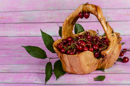 Cherries in a wooden basket and cherry leaves on a pink background.の写真素材