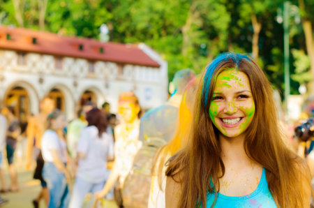 KHARKIV, UKRAINE- June 22: Holi celebrations on June 22, 2015 in Kharkiv, Ukraine. Celebrating the...