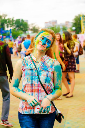KHARKIV, UKRAINE- June 22: Holi celebrations on June 22, 2015 in Kharkiv, Ukraine. Celebrating the Indian festival of colors and spring Holi in Gorky Park.のeditorial素材
