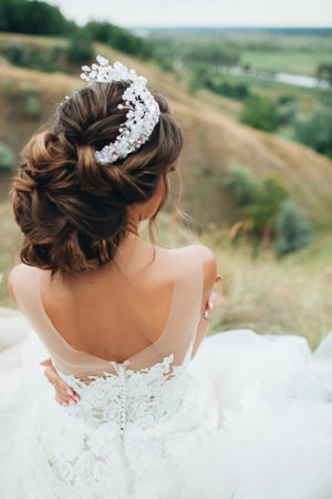 Bride in wedding dress sitting on a hill.Beauty wedding hairstyle.の写真素材