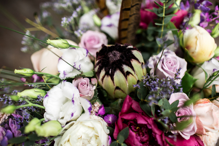 Wedding bouquet in boho style. flower, nature, wooden, flowers, love, day, valentine, marriage, background, hymeneal, rings, decoration, concept, holiday, celebration, creative, gold, coupleの写真素材