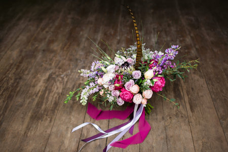Wedding bouquet in the boho style on the wooden background.の写真素材