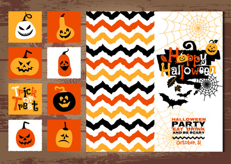 Halloween background of cheerful pumpkins. On the wood texture.のイラスト素材