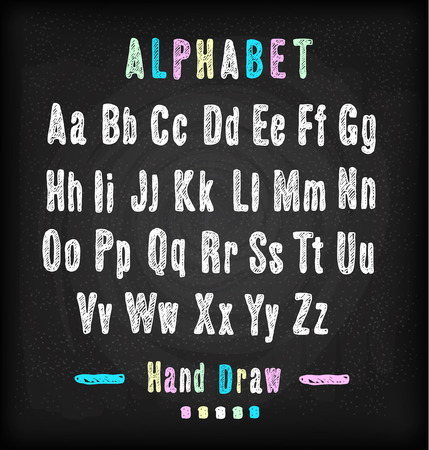 Chalkboard font. Hand draw alphabet. Vector illustration on black texture background.のイラスト素材