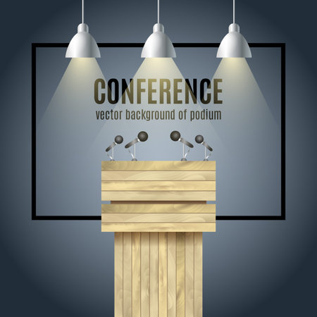 Vector Wooden Podium Tribune Rostrum Stand with microphones and spotlights.のイラスト素材