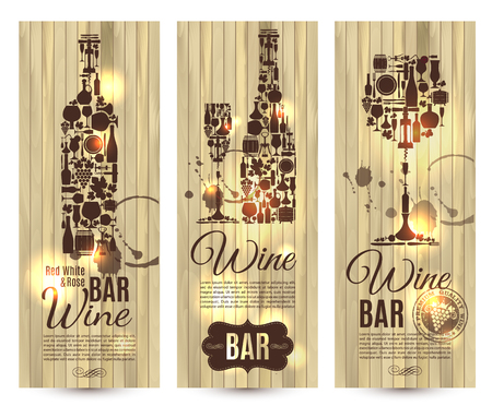 Wine bar menu card....Banners set vector illustration on wood.のイラスト素材