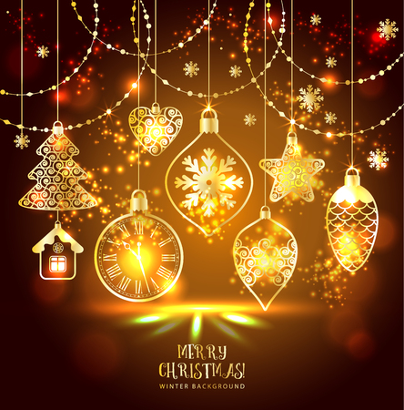 New Year's greeting card merry Christmas. Bright New Year's toys on a soft background with snowflakes.のイラスト素材