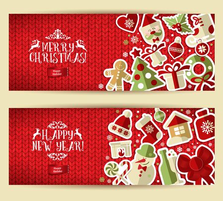 Christmas banner set on red knitting texture. Vector set of icons.のイラスト素材