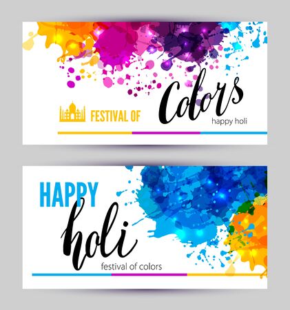 Calligraphic header and banner set happy holi beautiful Indian festival colorful collection design.のイラスト素材