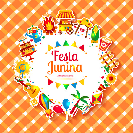 Festa Junina village festival in Latin America. Icons set in bright color. Festival style decoration.のイラスト素材