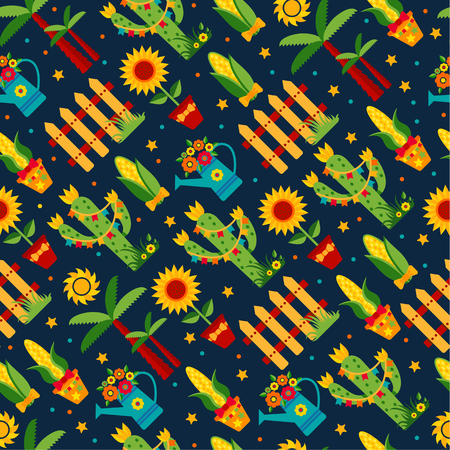 Seamless pattern of festa Junina village festival in Latin America. Icons set in bright color. Flat style decoration.のイラスト素材