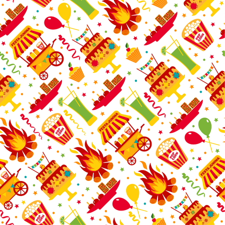 Seamless pattern of festa Junina village festival in Latin America. Icons set in bright color. Flat style decoration.のイラスト素材