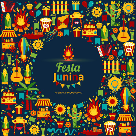 Festa Junina village festival in Latin America. Icons set in bright color. Flat style decoration.のイラスト素材