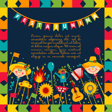 Festa Junina village festival in Brasil. Banner layout.のイラスト素材
