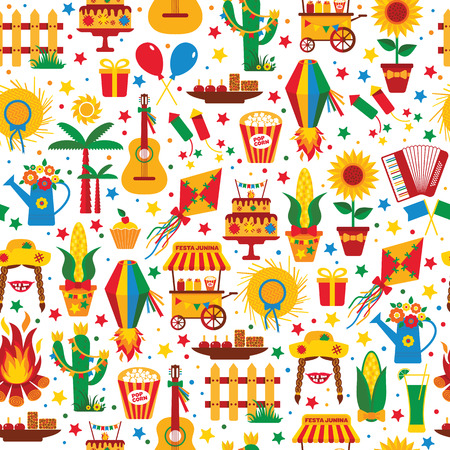 Festa Junina village festival in Latin America. Icons set in bright color. Flat style decoration. Seamless pattern.のイラスト素材