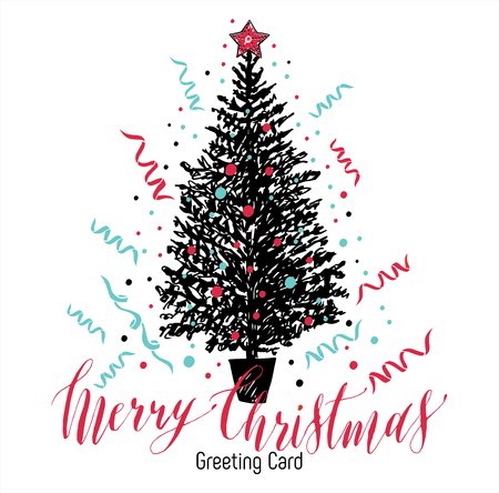 Hand drawn christmas card. New year tree with balls. Vector illustration.のイラスト素材