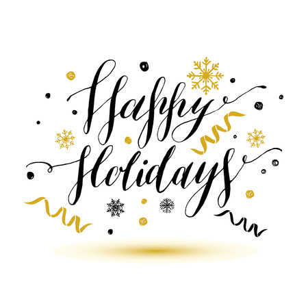 Christmas lettering. Vector sign of celebration. Vector holiday illustration. Calligraphic text happy holidays with snowflakes. Hand drawn style post card.のイラスト素材