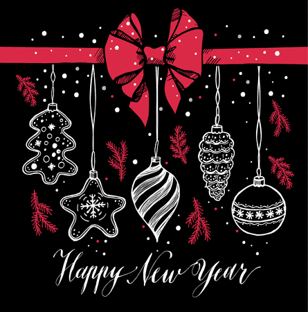New Year's toys hand drawn style on black with red bow and snow. Vector greeting card for Christmas.のイラスト素材