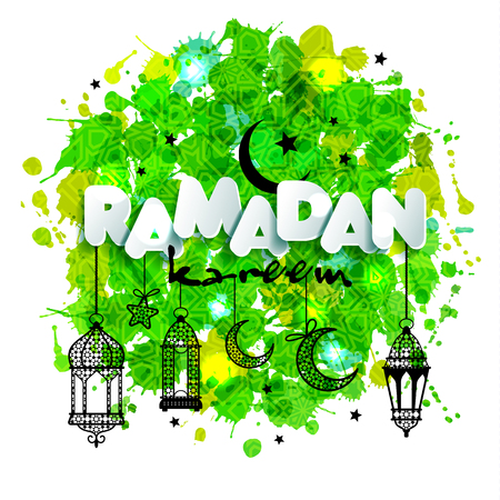 Paper text Ramadan for congratulations with muslim celebration and lanterns. Backgrounds of hand drawn blots.のイラスト素材