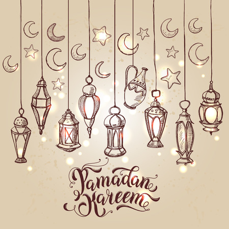 Ramadan Kareem illustration with lantern in hand drawn style.のイラスト素材