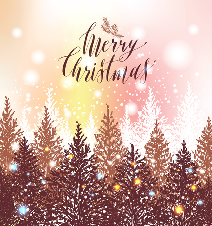 Hand drawn Christmas card. New year trees with snow.Vector design illustration. Calligraphic text Merry Christmas on light background.のイラスト素材