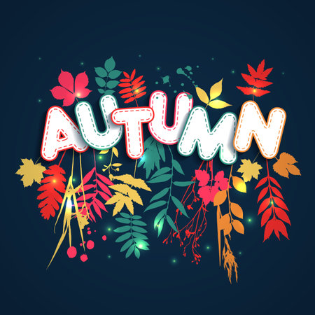 Text autumn in paper style on multicolor background with autumn leaves. Hand drawn grunge blots elements.のイラスト素材