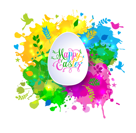 Colorful Happy Easter greeting card with spring elements composition. Colorful hand drawn blots.のイラスト素材