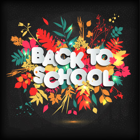 3D Realistic Back to School Title Poster Design in a Blackboard with autumn leaves. Vector Illustration.のイラスト素材