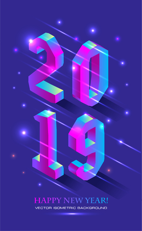 New Year 2019 in Isometric style. Vector isometric banner of number 2019 in brught gradient with greeting inscription of Happy New Year.