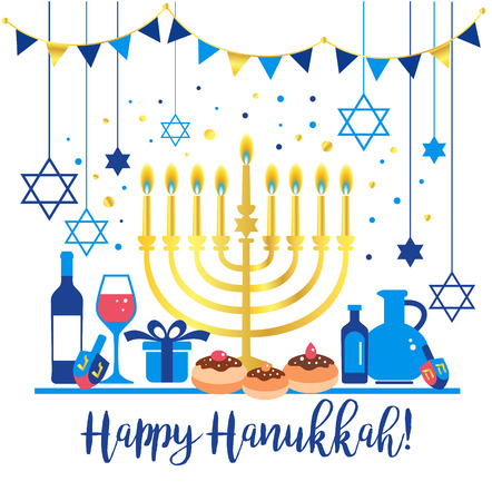 Jewish holiday Hanukkah greeting card traditional Chanukah symbolsのイラスト素材