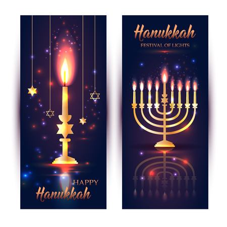 Happy Hanukkah Shining  with Menorah, David Stars and Bokeh Effect.のイラスト素材