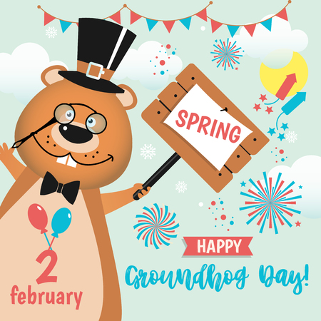 Happy Groundhog Day design with cute groundhogのイラスト素材