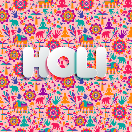 Happy holi vector elements seamless pattern design with paer style lettering.のイラスト素材