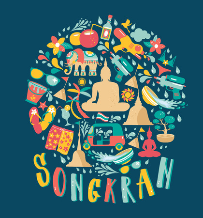 Songkran festival, Thailand New Year, Illustration of cute iconc celebrating. Flat design on blue.のイラスト素材