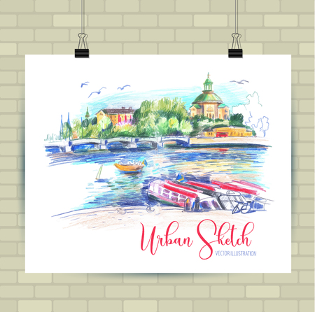 Sketching illustration in vector format. Poster with beautiful landscape and urban elements.のイラスト素材