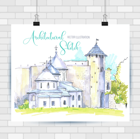 Architectural sketch landscape. Hand drawn illustration. Vector background.のイラスト素材
