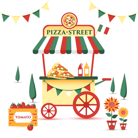 Pizza cart icon in cartoon style isolated on white background. Pizza and pizzeria symbol in vector illustration.のイラスト素材