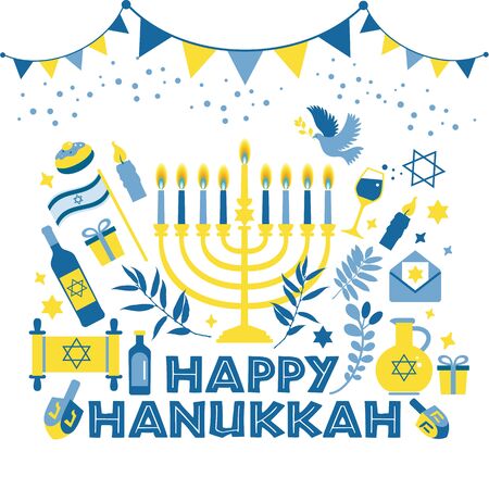 Jewish holiday Hanukkah greeting card traditional Chanukah symbolsのイラスト素材