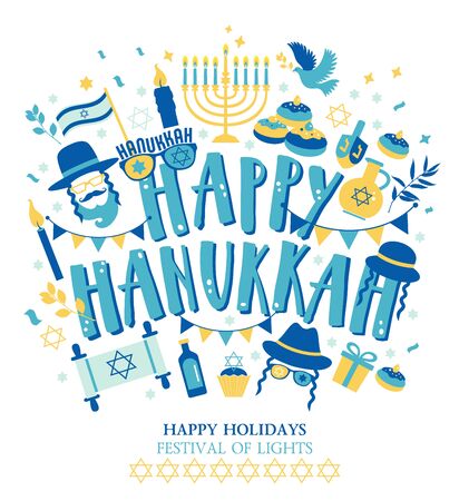 Jewish holiday Hanukkah greeting card and invitation traditional Chanukah symbols -dreidels spinning top, donuts, menorah candles, oil jar, star David illustration.のイラスト素材